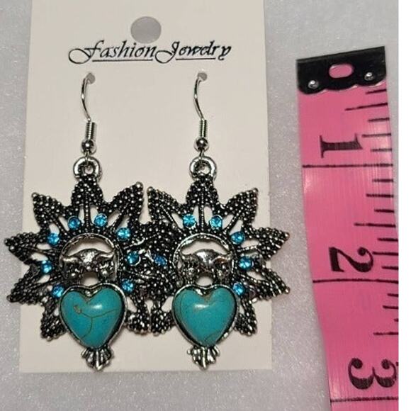 Silver Turquoise Stone Sun Owl Dangle Drop Earrings - Picture 2 of 2